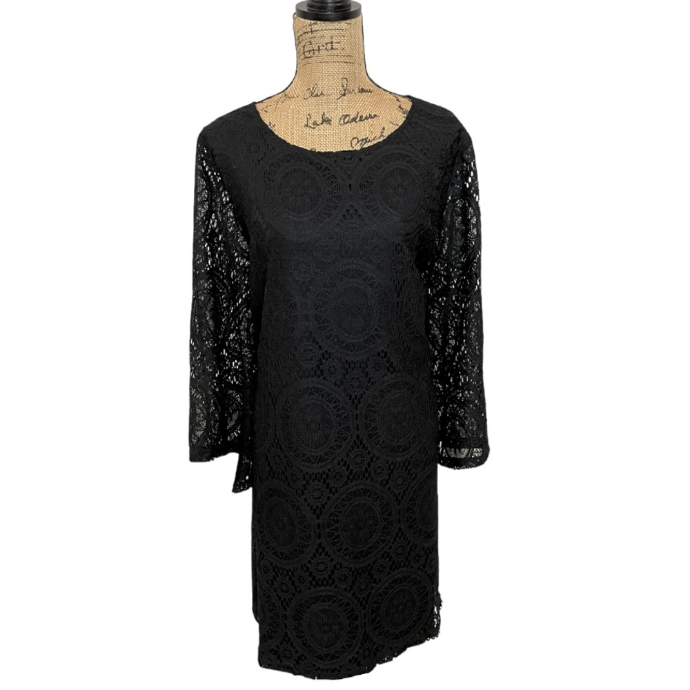 Tacera Black Knit Lace Dress Three-Quarter Sleeved
